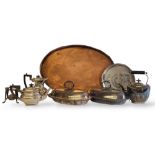 A COLLECTION OF VICTORIAN AND LATER SILVER PLATED WARE Comprising a salver tray, marked ‘Elkington