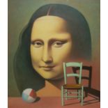 A CONTEMPORARY OIL ON CANVAS, FEMALE PORTRAIT, AFTER THE MONA LISA With chair and beach ball, signed