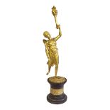 A FINE 19TH CENTURY FRENCH GILDED BRONZE FIGURE OF AN ALLEGORICAL MAIDEN OF VICTORY Wearing an