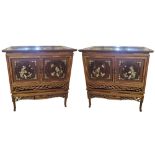 A PAIR OF CHINESE ROSEWOOD AND MOTHER PEARL SIDE CABINETS Decorated with birds and flora, with two