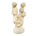 A RECONSTITUTED STONE GARDEN STATUE, COURTING COUPLE On a plinth. (140cm) Condition: weathered
