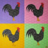 CARLO MARIA LUX, A COLLECTION OF TWELVE MIXED MEDIA ROOSTER STUDIES Each image wrapped in chicken