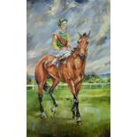 LESTER PIGGOTT ONBOARD NIJINSKY, A 20TH CENTURY OIL ON CANVA Inscribed to reverse, indistinctly