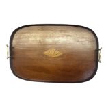 AN EDWARDIAN MAHOGANY SHELL PETTERA INLAID TWIN HANDLED SERVING BUTLER’S TRAY Centrally inlaid