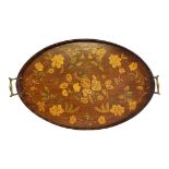 AN EDWARDIAN SHERATON REVIVAL MAHOGANY MARQUETRY INLAID TWIN HANDLED OVAL SERVING TRAY Inlaid with