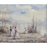 PIERRE DU BOIS, A 20TH/21ST CENTURY FRENCH OIL ON BOARD Ladies’ strolling by the riverside,