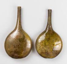 AN EXQUISITE PAIR OF ANCIENT GLASS FLASKS. Finely blown in yellow coloured glass. The vessels