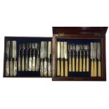 A VICTORIAN MAHOGANY CASED TWO SET TRAYS OF HALLMARKED SILVER DESSERT SET OF SIX Comprising knives