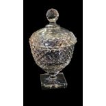 A 19TH CENTURY CUT LEAD CRYSTAL GLASS SUCRIER AND COVER Having a domed finial and hobnail cut