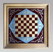 A 19TH CENTURY REVERSE PAINTED GLASS CHESS/GAME BOARD. (h 58cm x w 58cm x d 4cm)