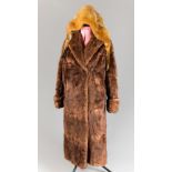 A GOOD QUALITY VINTAGE SILK LINED FUR COAT AND A SILK LINED FOX FUR HOOD. Provenance: Private