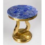 A LAPIS LAZULI SIDE TABLE ON BRONZE STEEL BASE. (h 56.5cm x w 50.5cm x d 50.5cm)