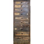 A 19TH CENTURY PINE CLOCK/WATCH REPAIRERS CHEST OF TEN DRAWERS AND CONTENTS Comprising various