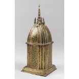 AN EARLY 20TH CENTURY ISLAMIC ART ENAMELLED GILT-COPPER BOX OF ARCHITECTURAL FORM. With removable