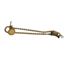 AN EARLY 20TH CENTURY 9CT GOLD ALBERT POCKET WATCH CHAIN AND 22CT GOLD HALF SOVEREIGN FOB Having a