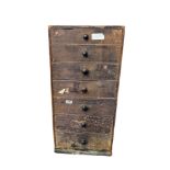 A 19TH CENTURY PINE FLOOR STANDING CLOCK/WATCH REPAIRERS CHEST OF SEVEN DRAWERS AND CONTENTS