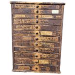 A 19TH CENTURY PINE CLOCK/WATCH REPAIRERS CHEST OF TWELVE DRAWERS AND CONTENTS Comprising gold and