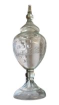 A FINE 19TH CENTURY ANGLO-IRISH HEAVY LEAD CUT CRYSTAL URN AND HIGH DOMED COVER The body cut with