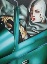 FOLLOWER OF TAMARA DE LEMPICKA, 1898 - 1980, OIL ON CANVAS Self portrait in green Bugatti, gilt