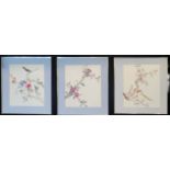THREE 20TH CENTURY CHINESE SILK EMBROIDERY BIRD STUDIES Single birds with flowers and fauna,