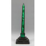 A LATE 19TH CENTURY BLACK MARBLE AND MALACHITE INLAID OBELISK ON A STEPPED PLINTH. (h 38.5cm).