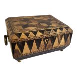 AN EARLY TUNBRIDGE WARE ROSEWOOD, WALNUT AND COROMANDEL SARCOPHAGUS FORM LADIES’ WORK/TOILETRY BOX