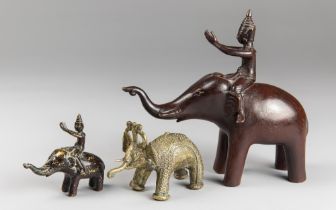 A COLLECTION OF THREE BRASS AND BRONZE ELEPHANT SCULPTURES. Comprising of a small antique Thai