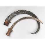 A LATE 19TH CENTURY ETHIOPIAN SHOTEL SWORD WITH NUBIAN IBEX HORN SHEATH. (h 62.5cm)