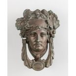 A LARGE ANTIQUE CAST BRONZE DIONYSUS GREEK GOD DOOR KNOCKER. With fixing bolts and nuts. (h 19.5cm x