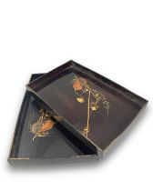 A PAIR OF 20TH CENTURY JAPANESE BLACK LACQUERED INRO DECORATED SERVING TRAYS Centrally inlaid with