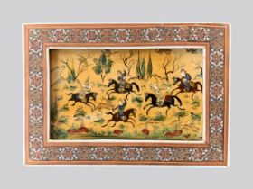 A 20TH CENTURY MINIATURE PERSIAN HUNTING SCENE PAINTING ON BONE WITH INLAID FRAME. (h 11.7cm x w