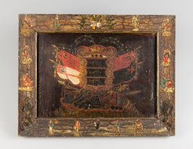 A 19TH CENTURY FOLK ART ENGLISH COAT OF ARMS. Painted on board with its original painted and