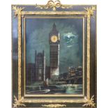 VIEW OF BIG BEN, AN EDWARDIAN MOTHER OF PEARL INLAID MUSICAL CLOCK Partially framed. (54cm x 66cm)