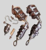 TWO ANTIQUE LEATHER AND CHROME PROSTHETIC ARMS WITH SPARE APPLIANCES. Arms (56cm)