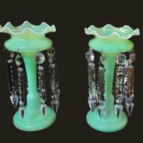 A PAIR OF 19TH CENTURY BOHEMIAN APPLE GREEN OPAQUE GLASS LUSTRES, CIRCA 1880 Applied to glass body