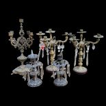 A PAIR OF LATE 19TH CENTURY GILDED BRASS TABLE CANDELABRA Four scrolling branches, hung with