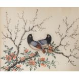 A 19TH CENTURY CHINESE WATERCOLOUR ON RICE PAPER, BIRD STUDY A pair of exotic birds with flowers and