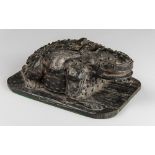 A RARE AND UNUSUAL ANTIQUE CARVED TOAD INKWELL. With removable lid to compartment. Probably West