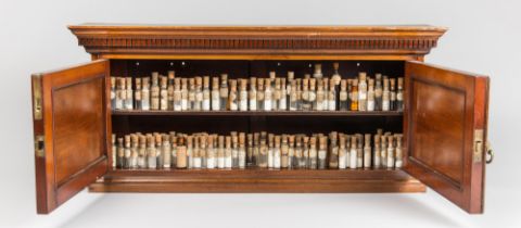 AN EXTENSIVE COLLECTION OF 19TH CENTURY APOTHECARY HOMEOPATHIC REMEDIES IN MAHOGANY WALL HANGING