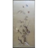 A LATE 19TH/20TH CENTURY CHINESE EMBROIDERED SILK PANEL Decorated with exotic birds and