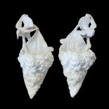 A PAIR OF MID VICTORIAN WORCESTER ROYAL PORCELAIN BLANC DE CHINE CORNUCOPIA SHAPED WALL POCKETS,