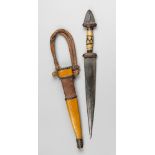 AN EARLY 20TH CENTURY NORTH AFRICAN SUDANESE ARM DAGGER WITH SCABBARD. (34cm). Provenance: Private