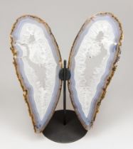 LARGE GREY AGATE WINGS UPON CUSTOM METAL STAND. Ideal placed on a windowsill due to their