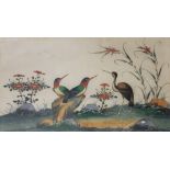 A 19TH CENTURY CHINESE WATERCOLOUR ON RICE PAPER, BIRD STUDY A pair of exotic birds with stork/heron