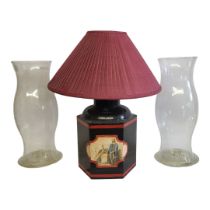 A MODERN 20TH CENTURY TOLEWARE TYPE LAMP BASE OF ORIENTAL DESIGN With matching burgundy shades,