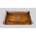 A LATE 19TH/EARLY 20TH CENTURY WHALER MADE WHALE IVORY AND EBONY INLAID GALLERY TRAY. (h 6.5cm x w