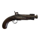 AN EARLY 19TH CENTURY CARTMELL BAYONET PERCUSSION PISTOL With short bronze proof marked barrel,