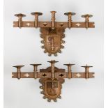 IN THE MANNER OF E.W PUGIN, A PAIR OF EARLY 20TH CENTURY GERMAN GOTHIC REVIVAL WALNUT AND OAK CANDLE