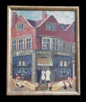 “A CHEMIST IN MAYFAIR”, A MID 20TH CENTURY OIL ON CANVAS, SIGNED AND FRAMED. Depicting a Mayfair (