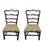 A PAIR GEORGIAN MAHOGANY STANDARD CHAIRS With pierced ladder back overstuffed tapestry upholstered